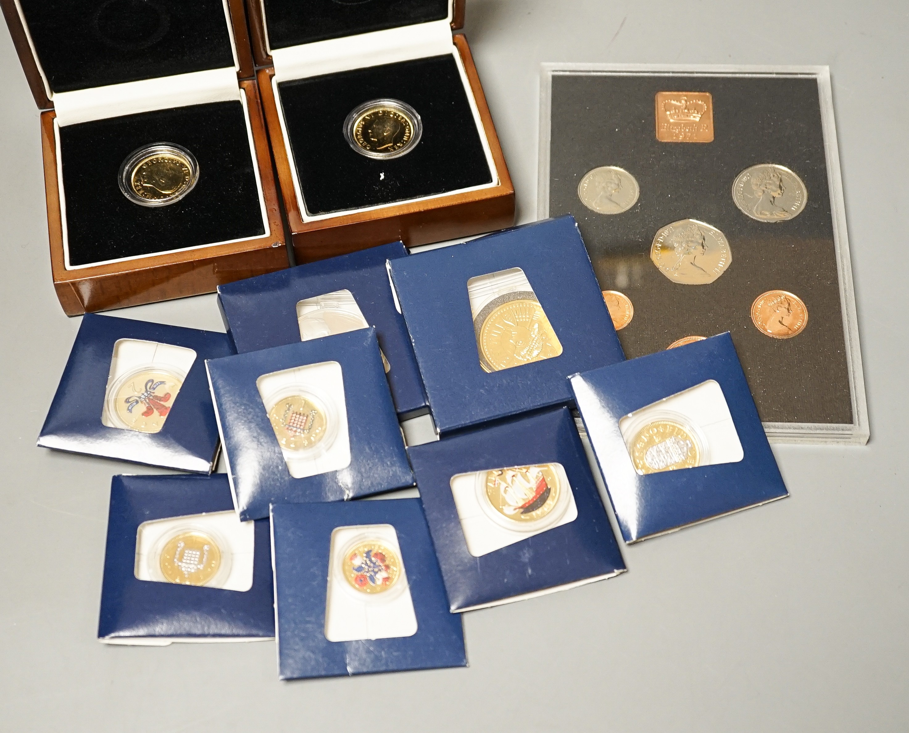 Two Royal Mint year sets 1970 & 1971 various London mint commemorative coins and later gold plated and enamelled coins (qty)